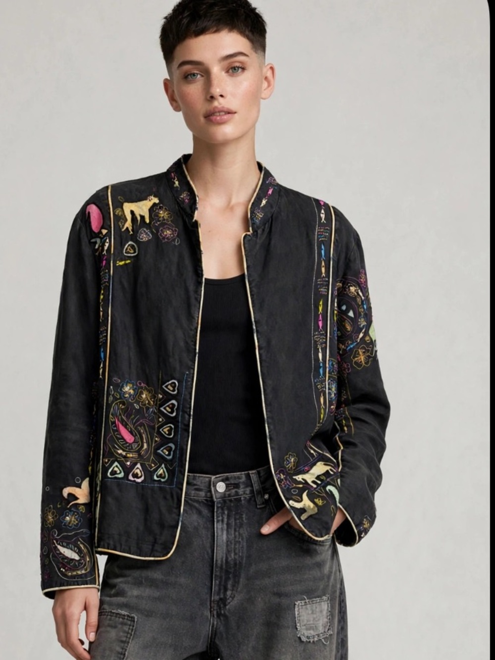 Ember Inc embroidered silk jacked in washed black